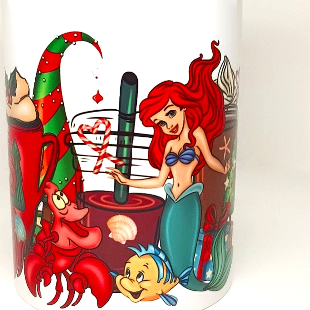 NEW! 15OZ MUG! THE LITTLE MERMAID! ARIEL! SEBASTIAN! FLOUNDER! CHRISTMAS MUG!